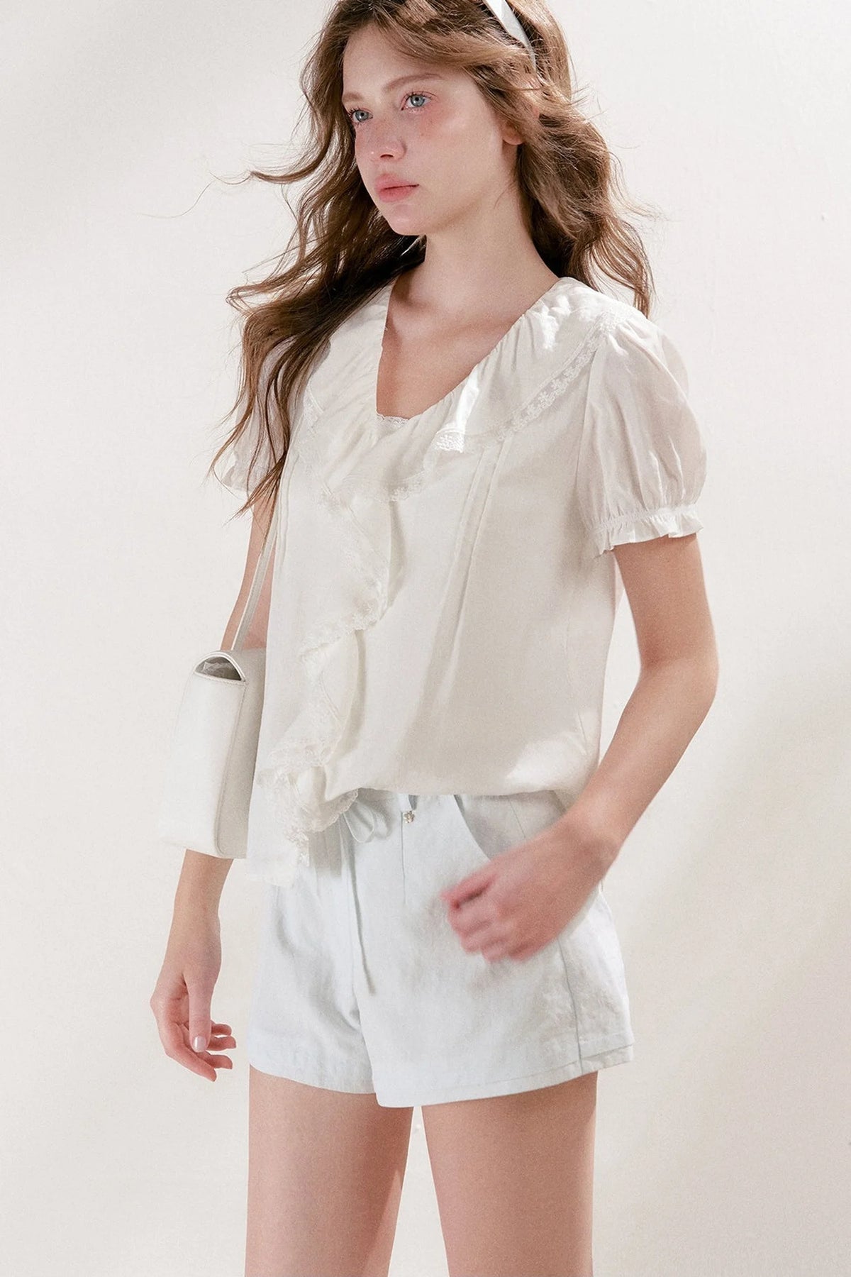 Mulberry Silk Lace Ruffle V-Neck Top
