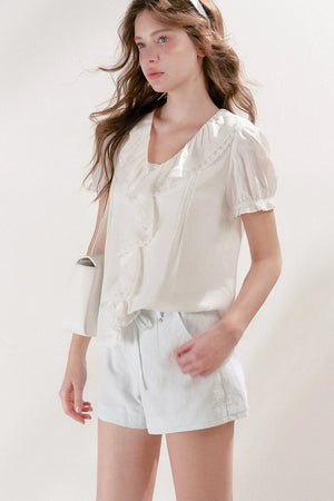 Mulberry Silk Lace Ruffle V-Neck Top