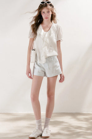 Mulberry Silk Lace Ruffle V-Neck Top