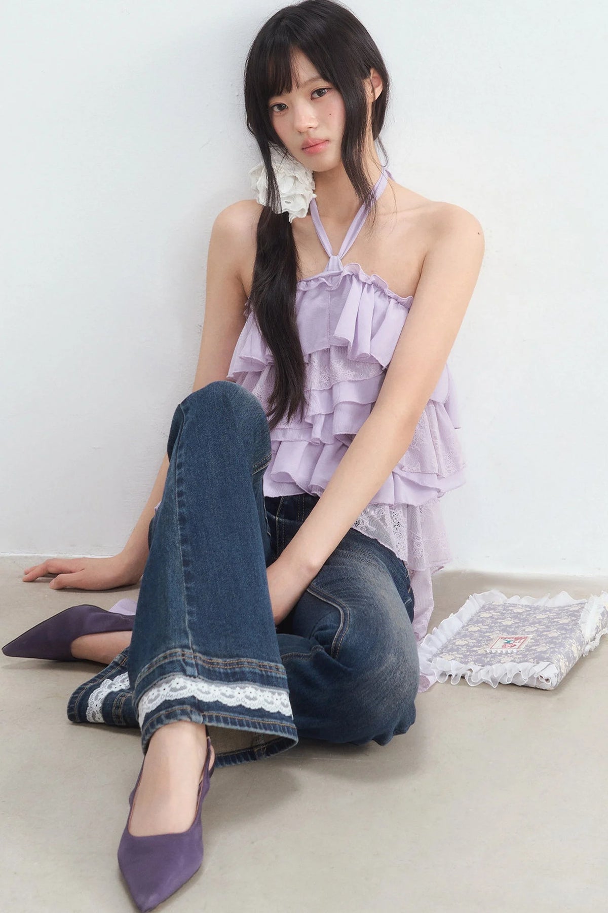 Multi-Layer Ruffle Lace Halter Top and Pants Set-Up