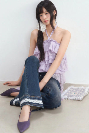 Multi-Layer Ruffle Lace Halter Top and Pants Set-Up