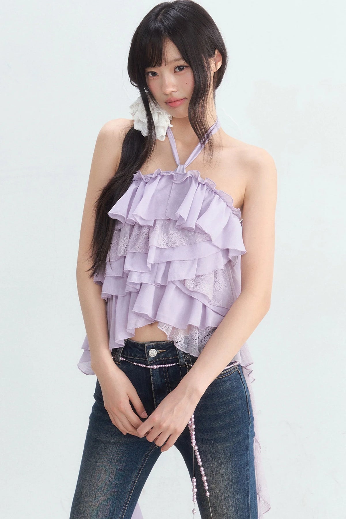Multi-Layer Ruffle Lace Halter Top and Pants Set-Up