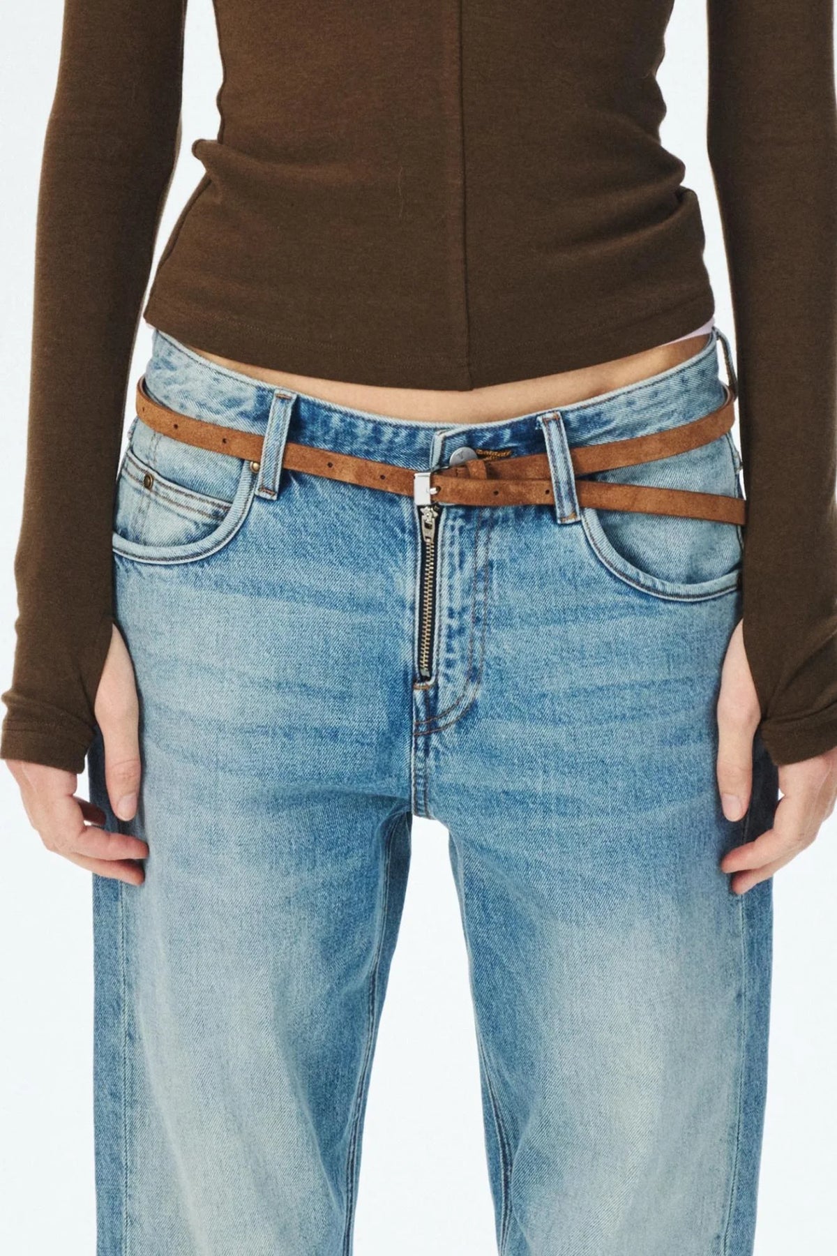 Narrow Suede Cowhide Brown Belt