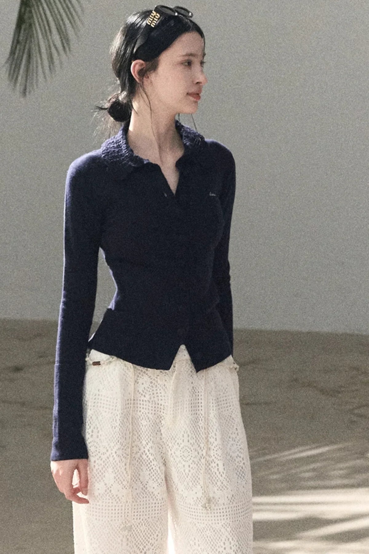 Natural Wool Crochet Collar Top