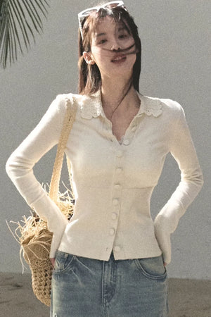 Natural Wool Crochet Collar Top
