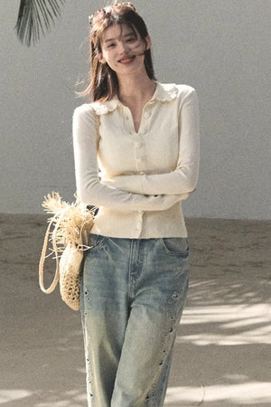 Natural Wool Crochet Collar Top