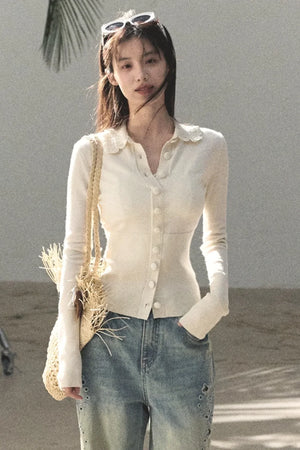 Natural Wool Crochet Collar Top