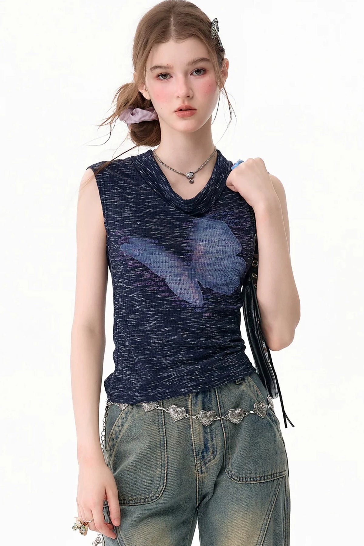 Navy Blue Butterfly Flutter Collar Tank Top