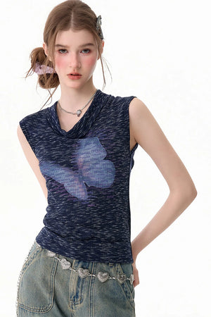 Navy Blue Butterfly Flutter Collar Tank Top