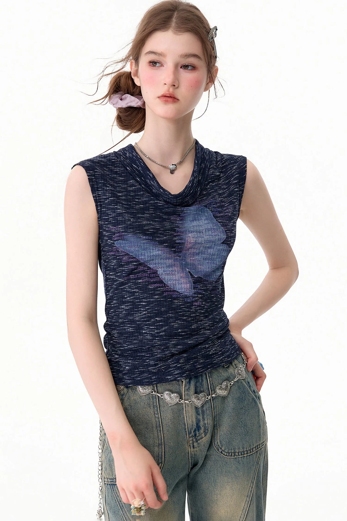 Navy Blue Butterfly Flutter Collar Tank Top