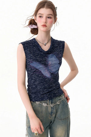 Navy Blue Butterfly Flutter Collar Tank Top