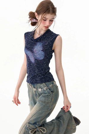Navy Blue Butterfly Flutter Collar Tank Top