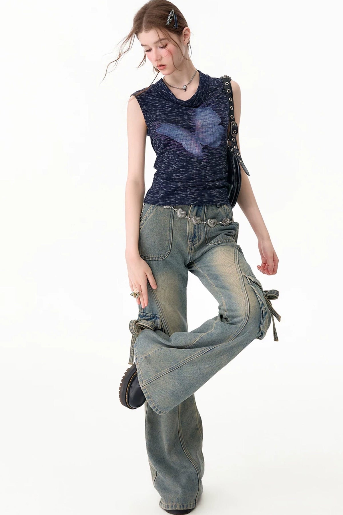 Navy Blue Butterfly Flutter Collar Tank Top