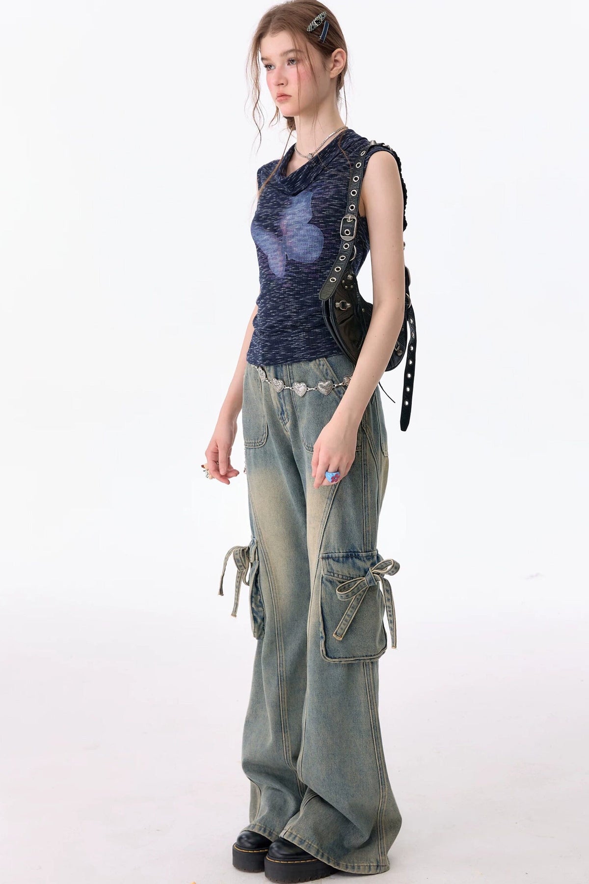 Navy Blue Butterfly Flutter Collar Tank Top