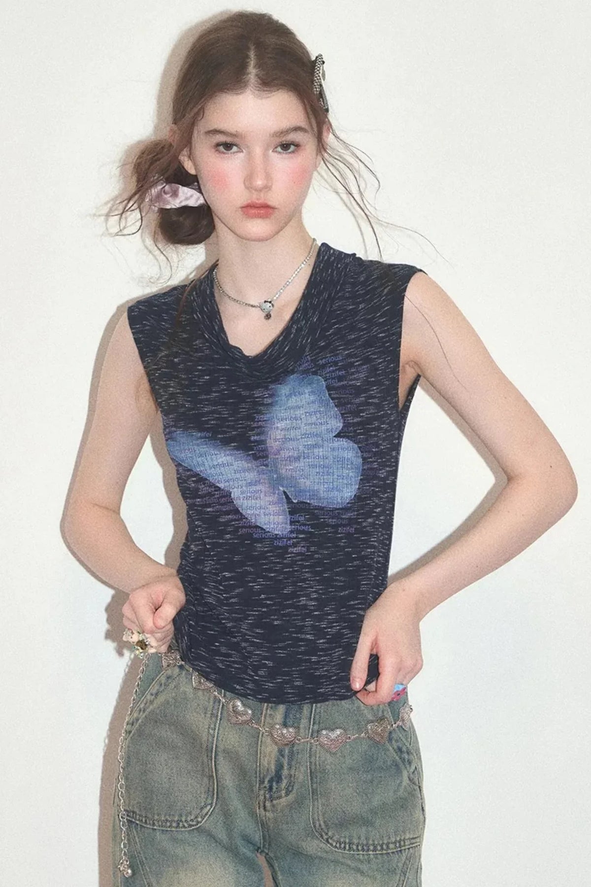 Navy Blue Butterfly Flutter Collar Tank Top