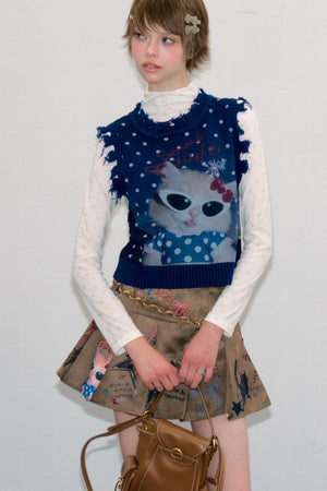 Navy Blue Cat Print Polka Dot Vest