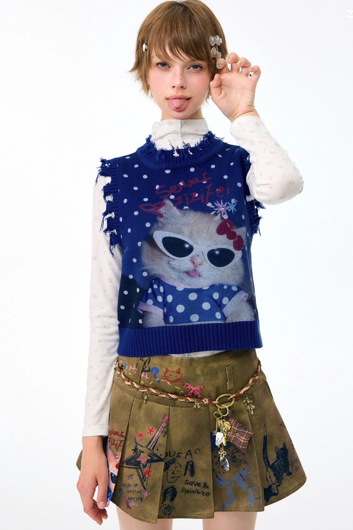 Navy Blue Cat Print Polka Dot Vest