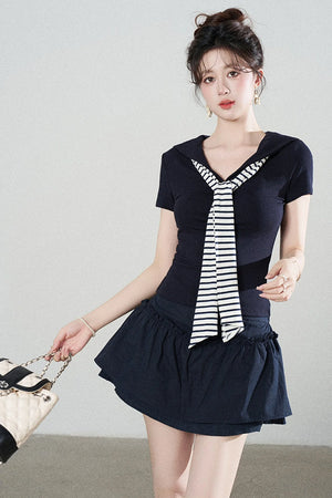 Navy Blue Knitted Short-Sleeved Shawl T-Shirt and Skirt Set-Up