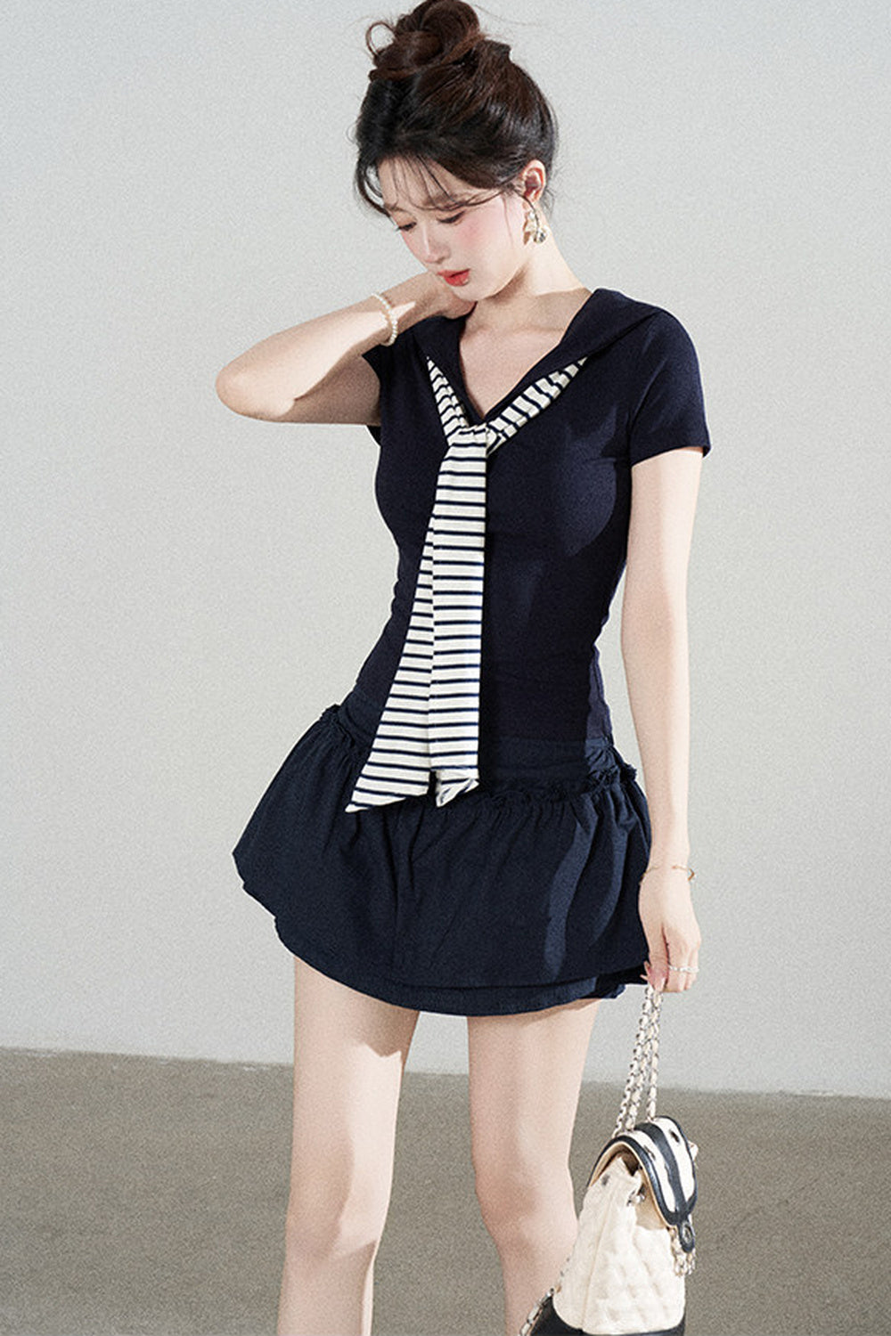 Navy Blue Knitted Short-Sleeved Shawl T-Shirt and Skirt Set-Up