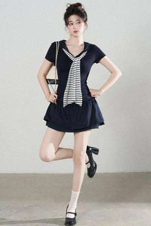 Navy Blue Knitted Short-Sleeved Shawl T-Shirt and Skirt Set-Up