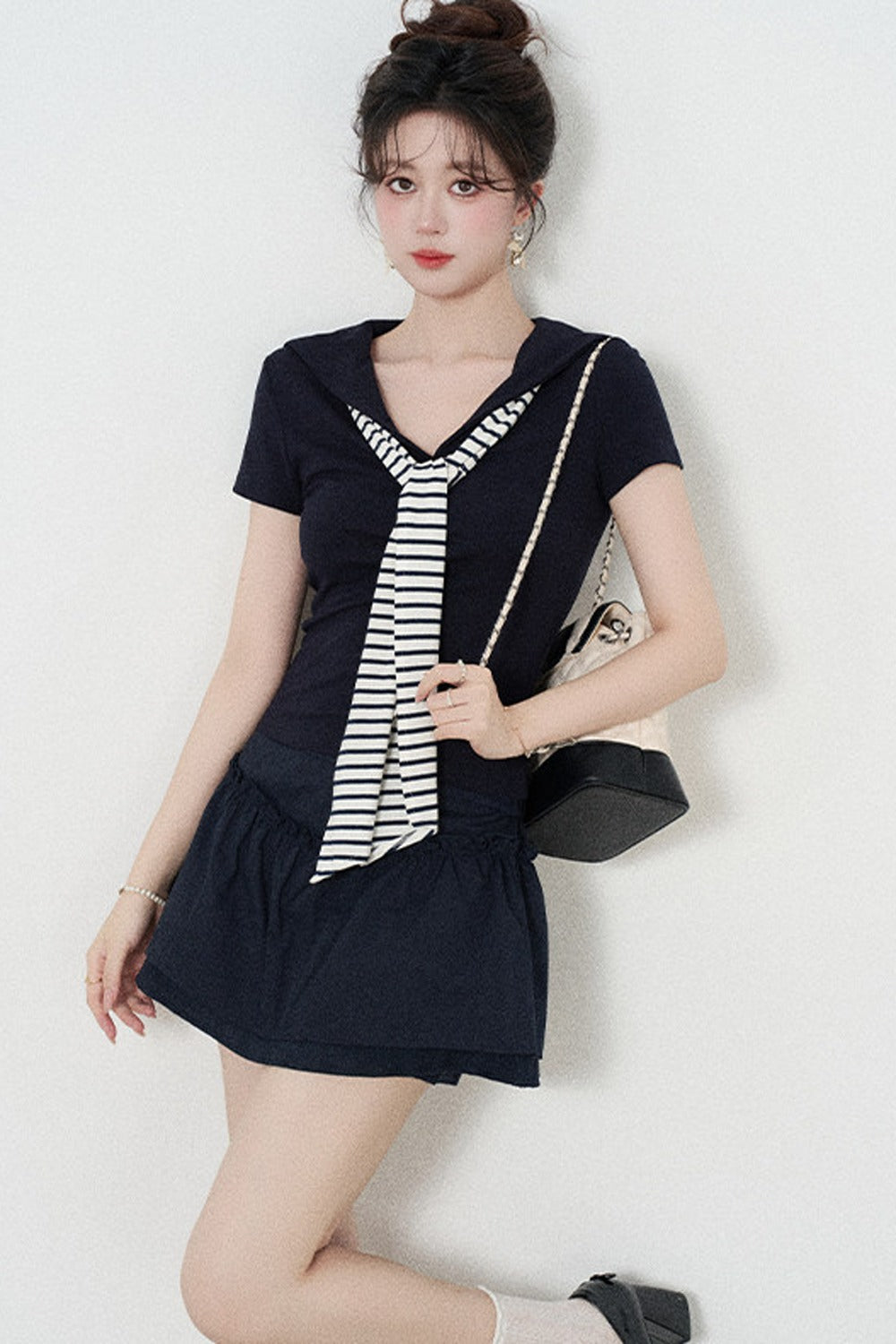 Navy Blue Knitted Short-Sleeved Shawl T-Shirt and Skirt Set-Up