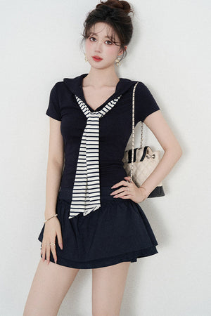 Navy Blue Knitted Short-Sleeved Shawl T-Shirt and Skirt Set-Up