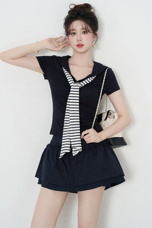 Navy Blue Knitted Short-Sleeved Shawl T-Shirt and Skirt Set-Up