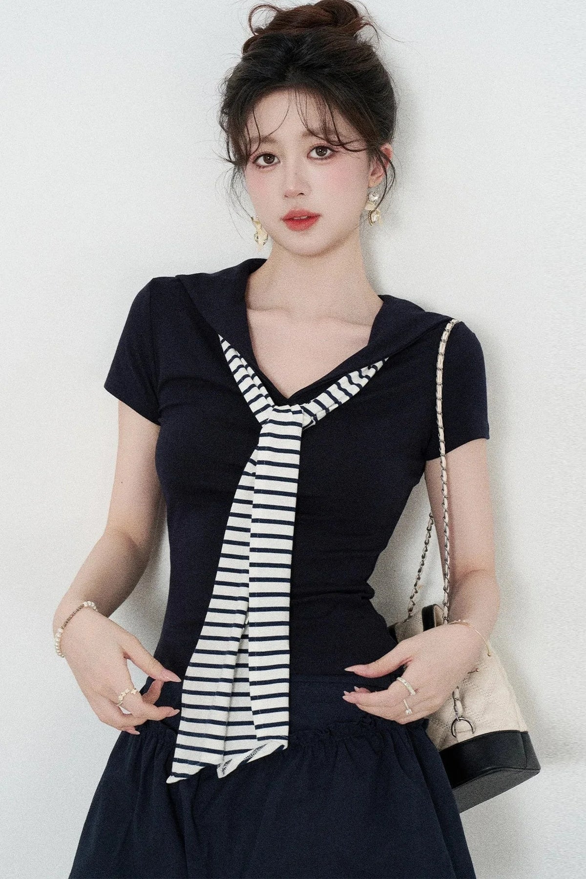 Navy Blue Knitted Short-Sleeved Shawl T-Shirt and Skirt Set-Up