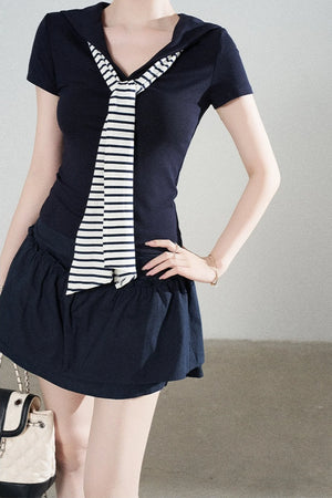 Navy Blue Knitted Short-Sleeved Shawl T-Shirt and Skirt Set-Up
