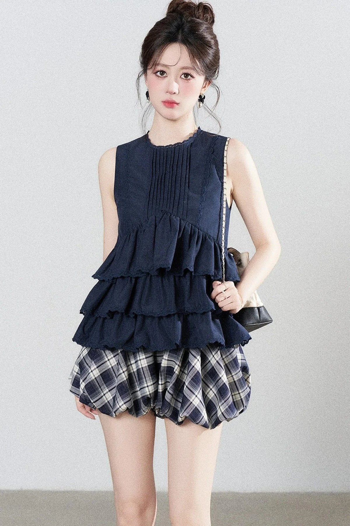 Navy Blue Ruffle Shirt and Plaid Skirt Set-Up