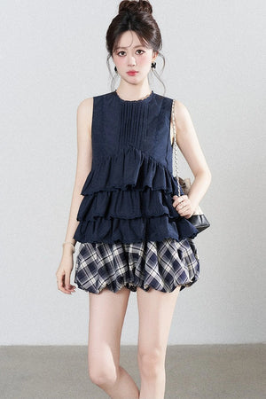 Navy Blue Ruffle Shirt and Plaid Skirt Set-Up