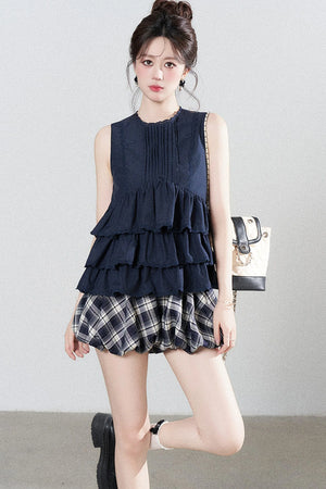 Navy Blue Ruffle Shirt and Plaid Skirt Set-Up