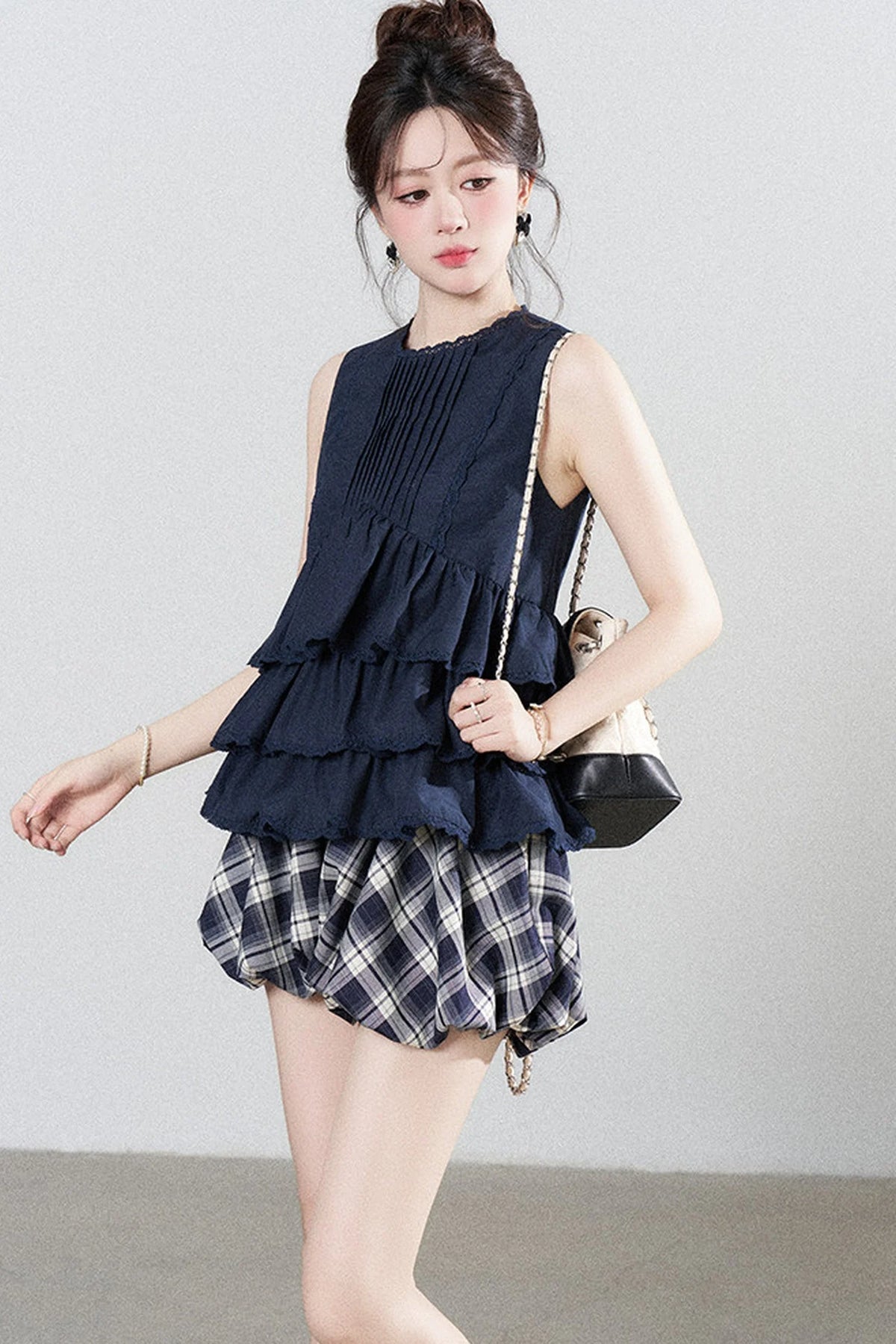 Navy Blue Ruffle Shirt and Plaid Skirt Set-Up