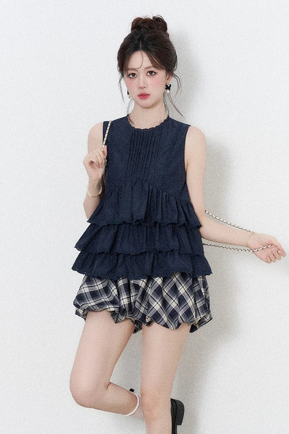 Navy Blue Ruffle Shirt and Plaid Skirt Set-Up