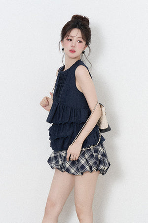 Navy Blue Ruffle Shirt and Plaid Skirt Set-Up