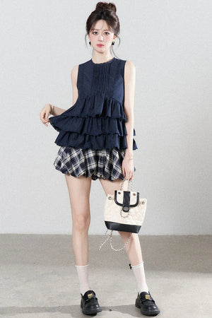 Navy Blue Ruffle Shirt and Plaid Skirt Set-Up