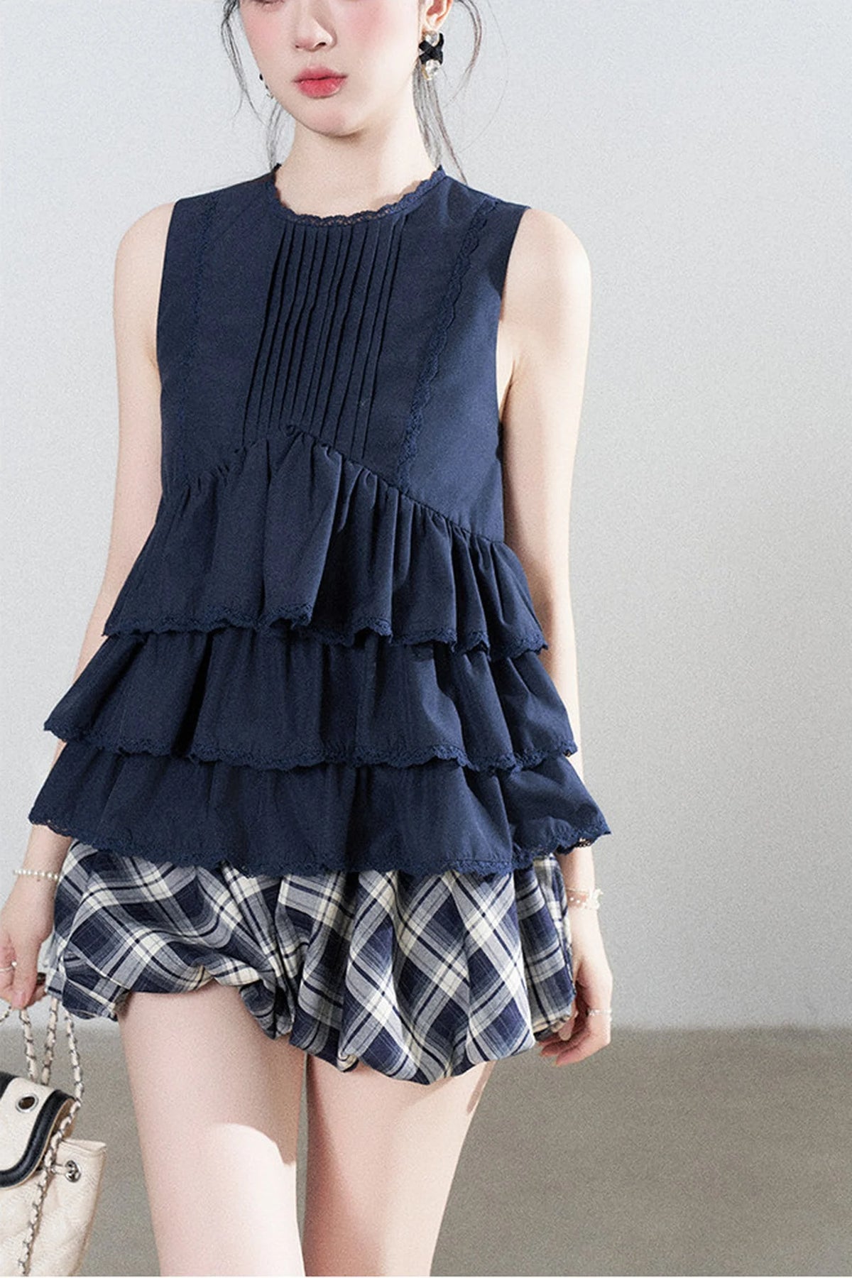 Navy Blue Ruffle Shirt and Plaid Skirt Set-Up