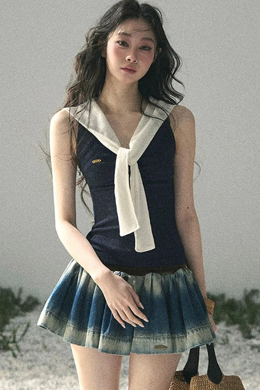 Navy Collar Academy Faux Two-Piece Top