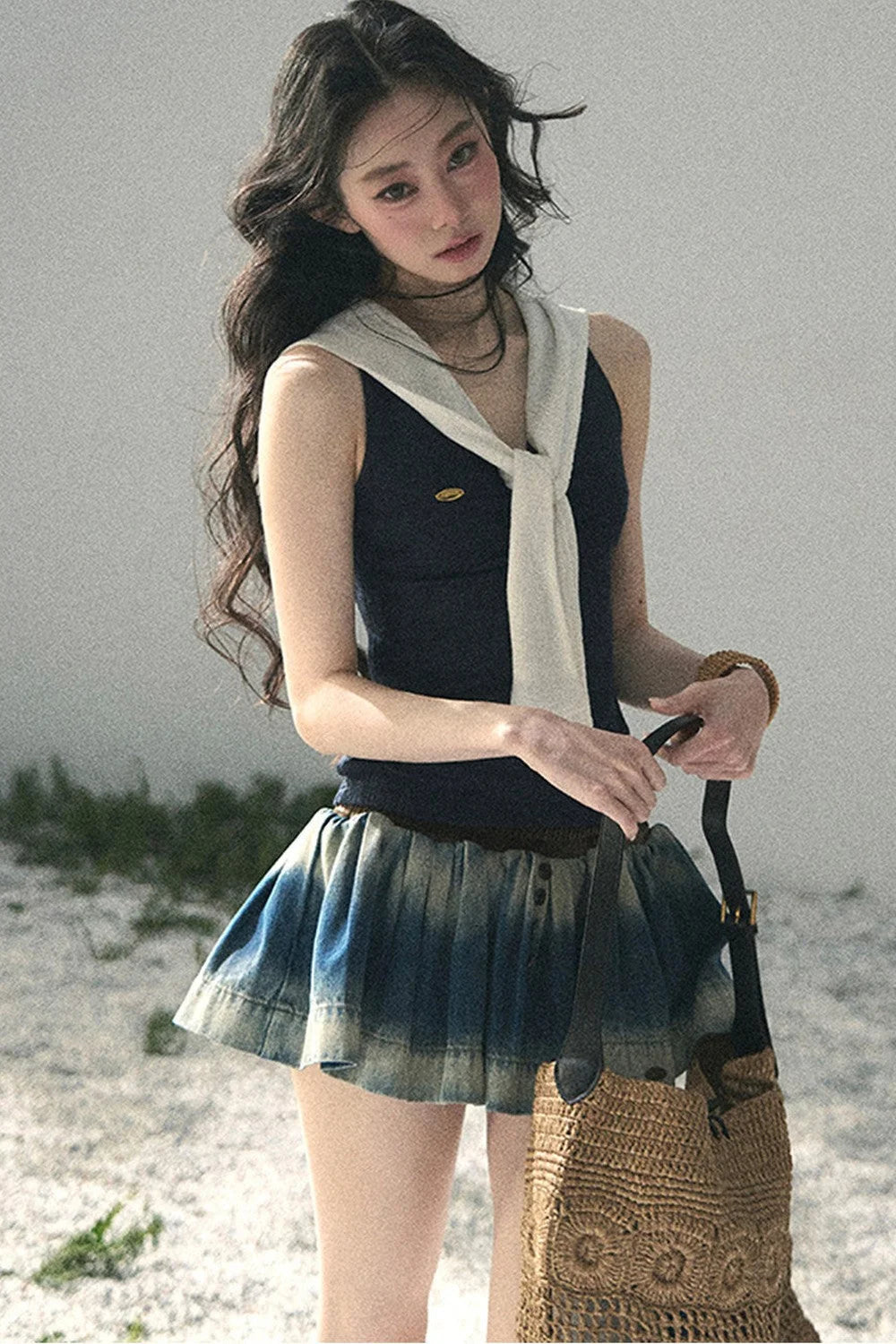 Navy Collar Academy Faux Two-Piece Top