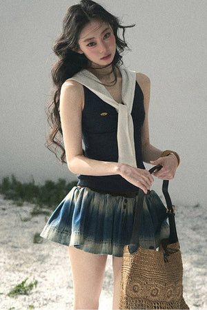 Navy Collar Academy Faux Two-Piece Top