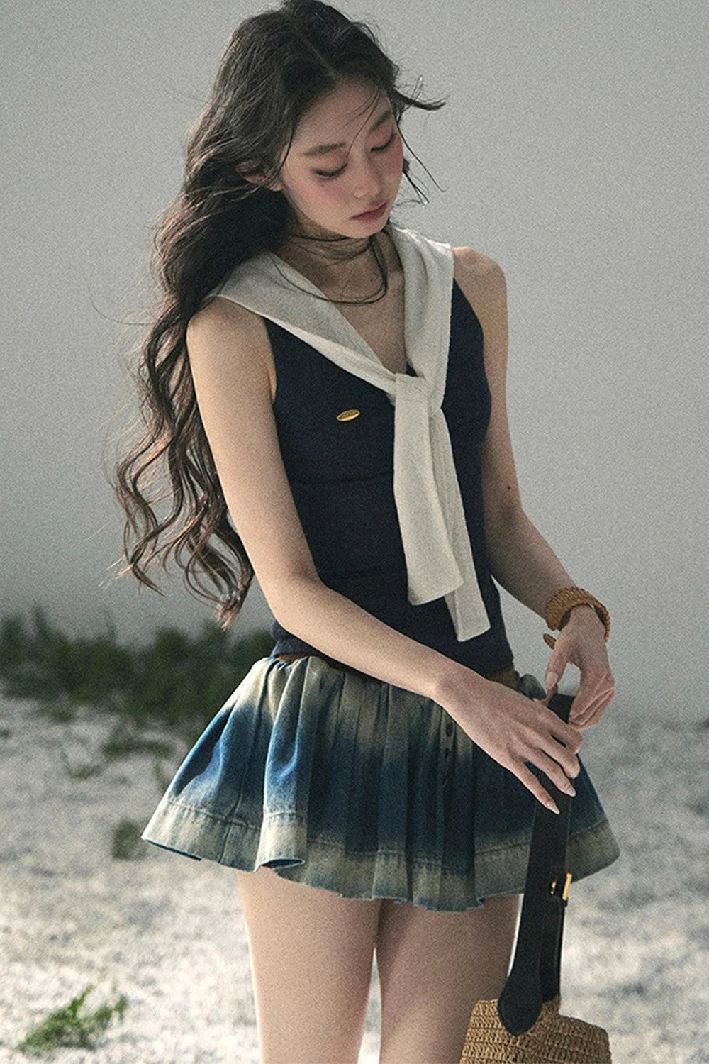 Navy Collar Academy Faux Two-Piece Top