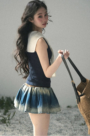 Navy Collar Academy Faux Two-Piece Top