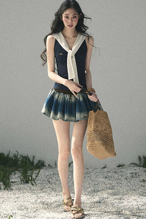Navy Collar Academy Faux Two-Piece Top
