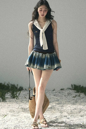 Navy Collar Academy Faux Two-Piece Top