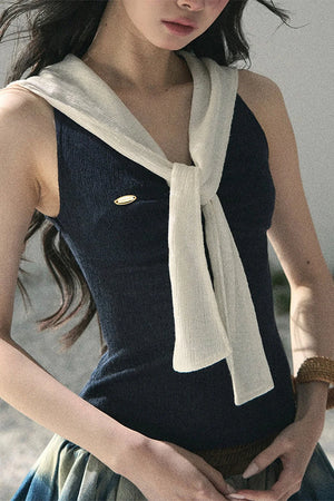 Navy Collar Academy Faux Two-Piece Top
