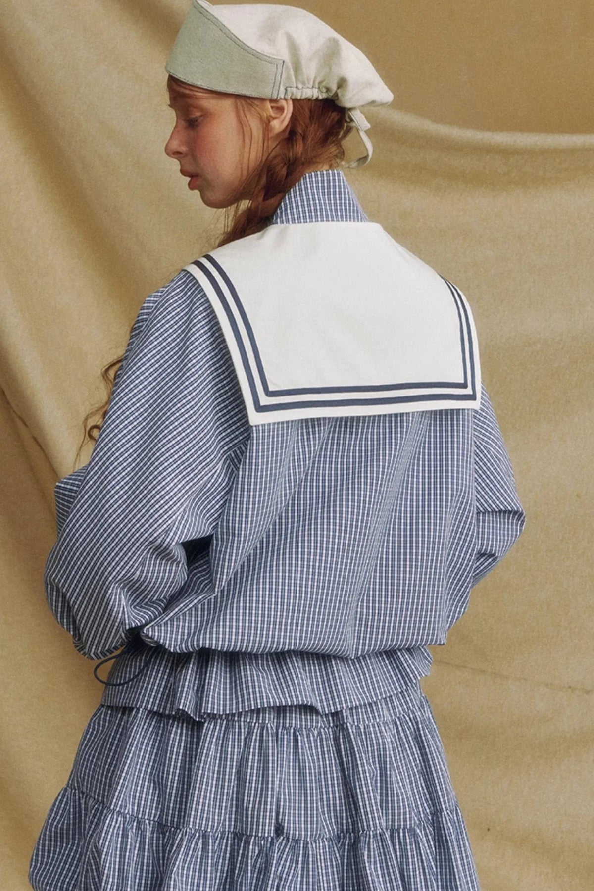 Navy Collar Plaid Jacket Set-Up