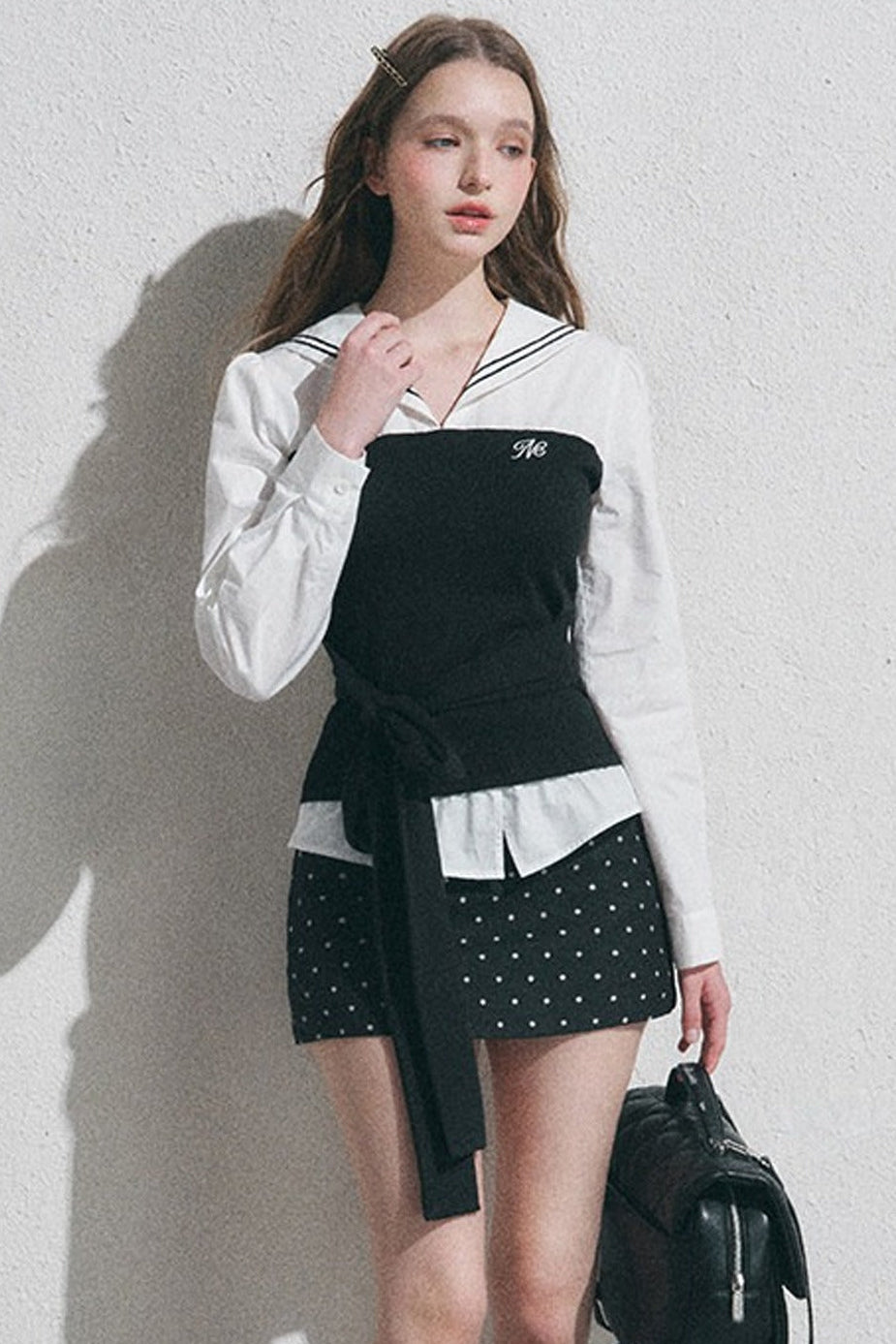 Navy Collar Polka Dot Blouse Set-Up