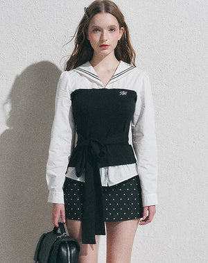 Navy Collar Polka Dot Blouse Set-Up
