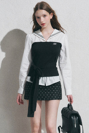 Navy Collar Polka Dot Blouse Set-Up