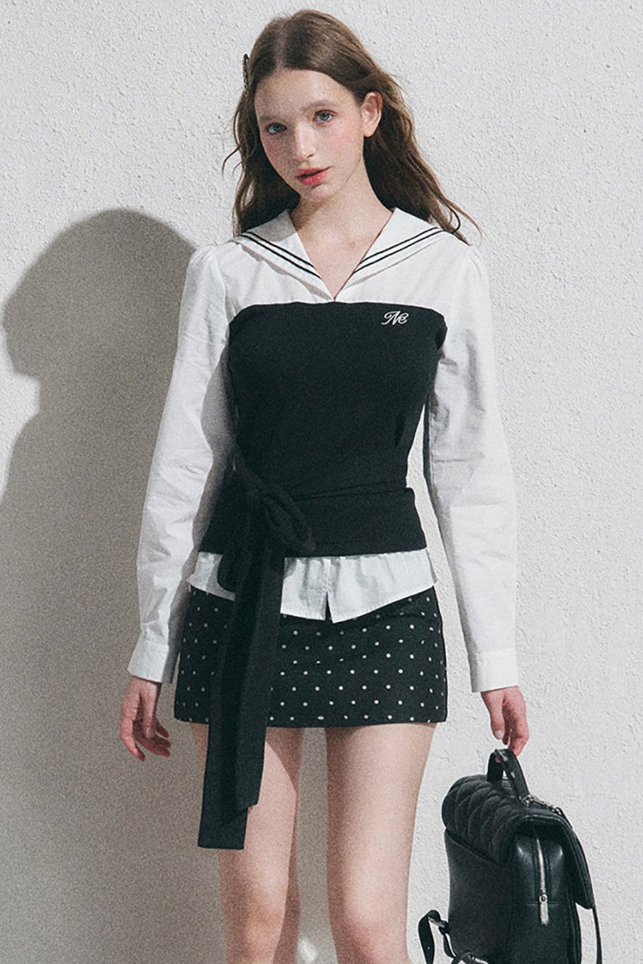 Navy Collar Polka Dot Blouse Set-Up